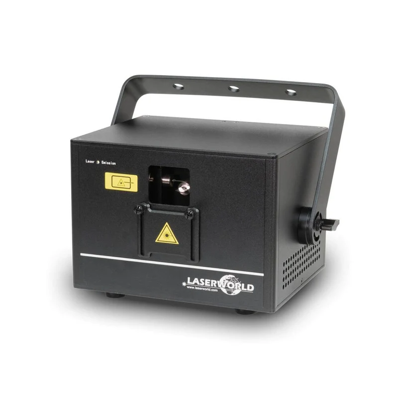 Laserworld 3000 mW compact RGB diode laser, built-in 3500 mAh battery, beam specs of approx. 5.5 mm / 1.1 mrad, 30 kpps @ 8°