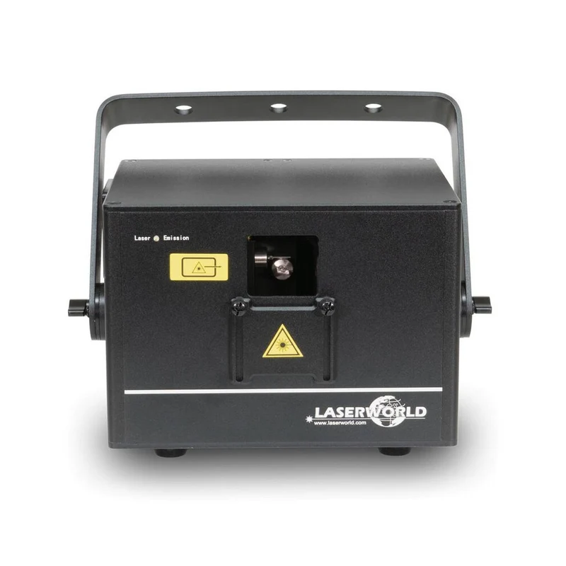 Laserworld 3000 mW compact RGB diode laser, built-in 3500 mAh battery, beam specs of approx. 5.5 mm / 1.1 mrad, 30 kpps @ 8°