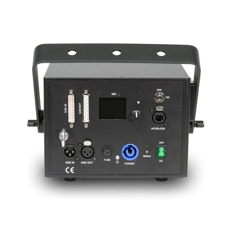 Laserworld 3000 mW compact RGB diode laser, built-in 3500 mAh battery, beam specs of approx. 5.5 mm / 1.1 mrad, 30 kpps @ 8°