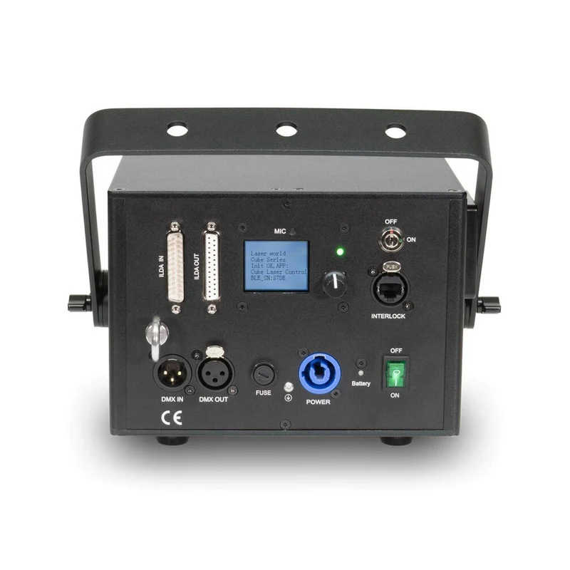 Laserworld 3000 mW compact RGB diode laser, built-in 3500 mAh battery, beam specs of approx. 5.5 mm / 1.1 mrad, 30 kpps @ 8°