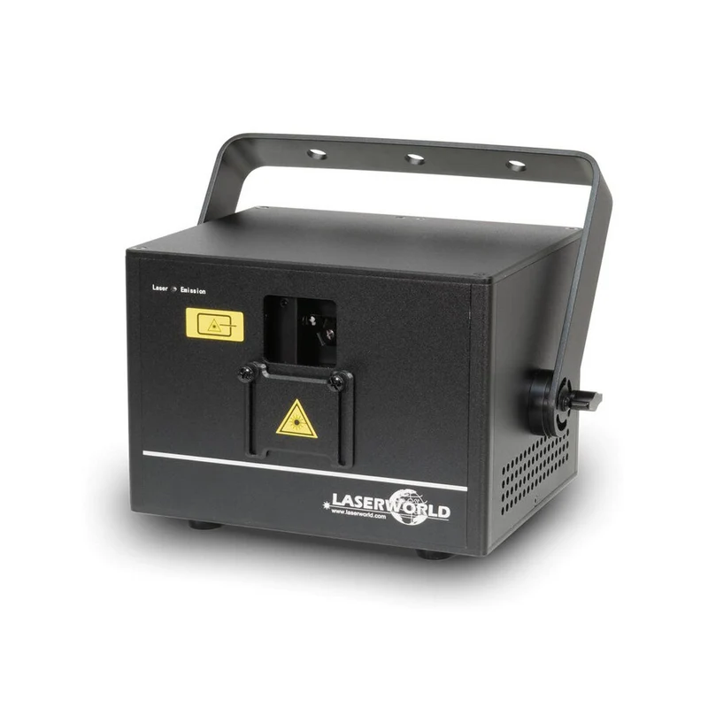 Laserworld 1500 mW compact RGB diode laser, built-in 3500 mAh battery, beam specs of approx. 5.5 mm / 1.1 mrad, 25 kpps @ 8°