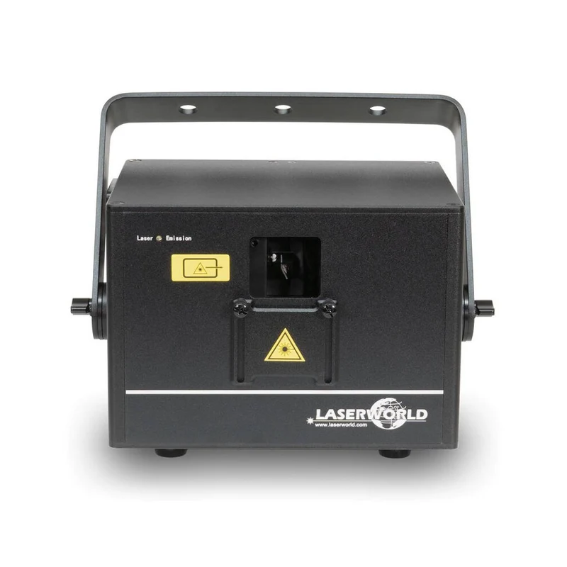 Laserworld 1500 mW compact RGB diode laser, built-in 3500 mAh battery, beam specs of approx. 5.5 mm / 1.1 mrad, 25 kpps @ 8°