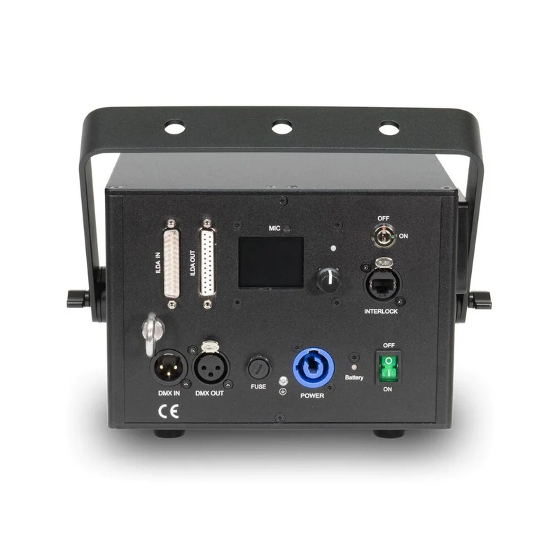 Laserworld 1500 mW compact RGB diode laser, built-in 3500 mAh battery, beam specs of approx. 5.5 mm / 1.1 mrad, 25 kpps @ 8°