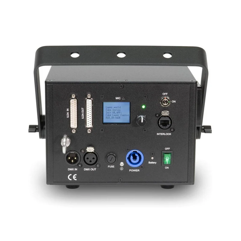 Laserworld 1500 mW compact RGB diode laser, built-in 3500 mAh battery, beam specs of approx. 5.5 mm / 1.1 mrad, 25 kpps @ 8°