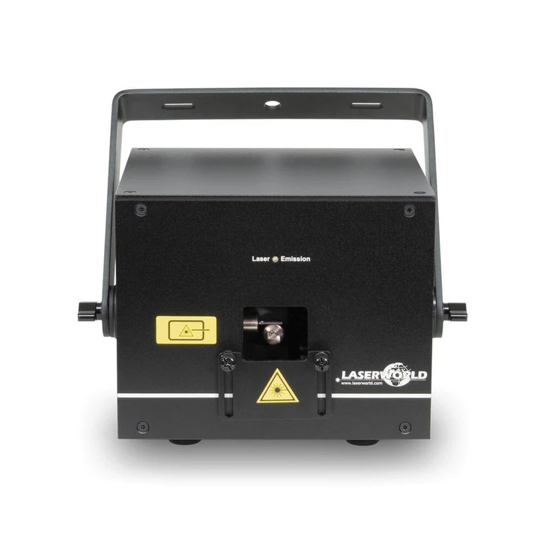 Laserworld 1000 mW compact RGB diode laser, beam specs of approx. 3 mm / 1 mrad, 25 kpps @ 8° scanners, ILDA / DMX / App co