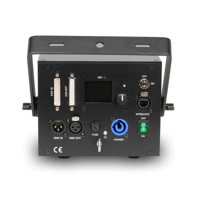 Laserworld 1000 mW compact RGB diode laser, beam specs of approx. 3 mm / 1 mrad, 25 kpps @ 8° scanners, ILDA / DMX / App co