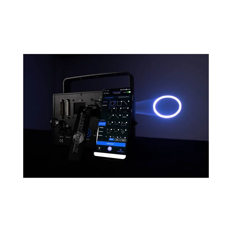 Laserworld 1000 mW compact RGB diode laser, beam specs of approx. 3 mm / 1 mrad, 25 kpps @ 8° scanners, ILDA / DMX / App co