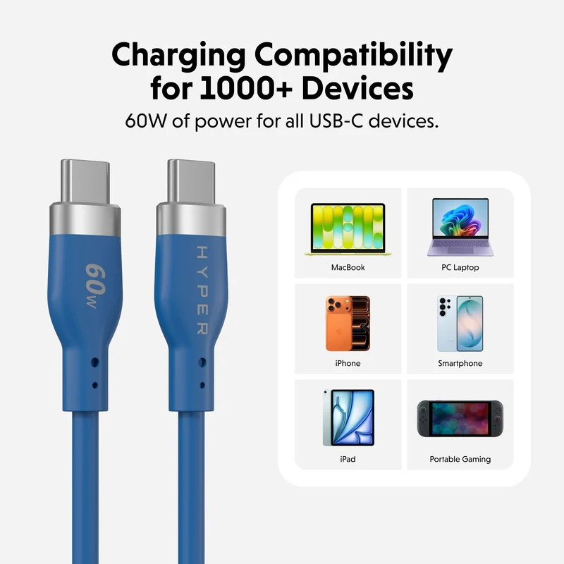 Câble de recharge HyperJuice Flex USB-C en silicone - Bleu