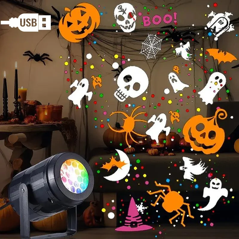 Projecteur LED Halloween – Citrouille, Fantôme & Araignée