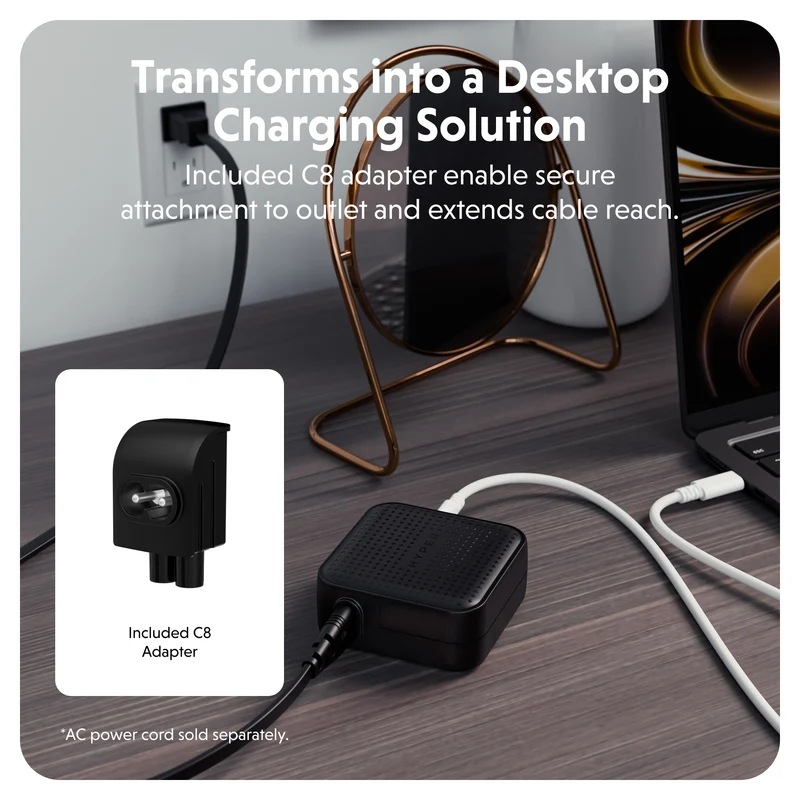 Chargeur de voyage HyperJuice® 70 W USB-C GaN testé pour la sécurité - Noir