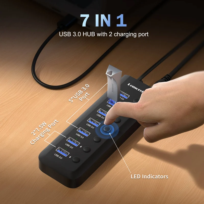 Lemorele TC111 7-Port USB 3.0 Hub with Individual Switches & Smart Charging