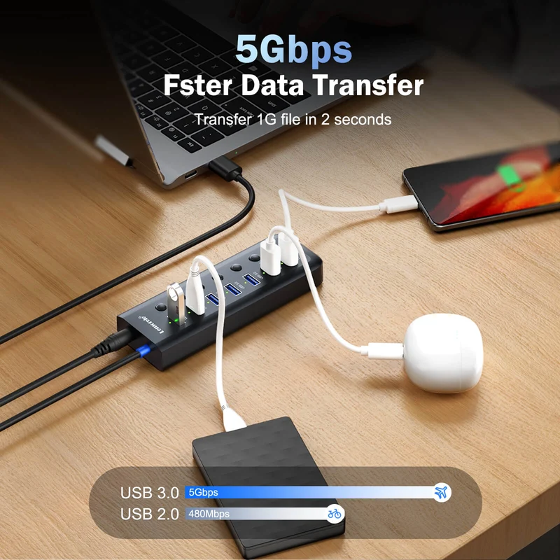 Lemorele TC111 7-Port USB 3.0 Hub with Individual Switches & Smart Charging