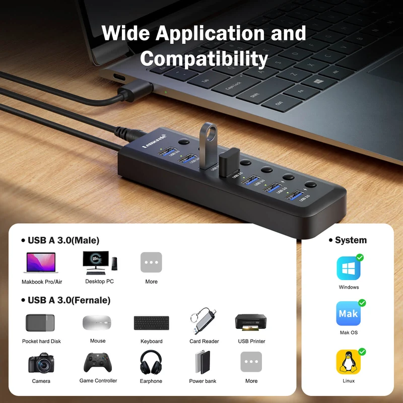 Lemorele TC111 7-Port USB 3.0 Hub with Individual Switches & Smart Charging