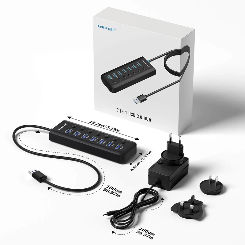 Lemorele TC111 7-Port USB 3.0 Hub with Individual Switches & Smart Charging