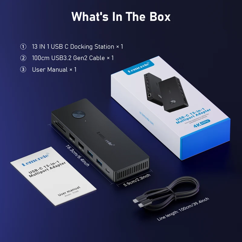Lemorele TC500 USB-C Docking Station with HDMI, DP & 100W PD