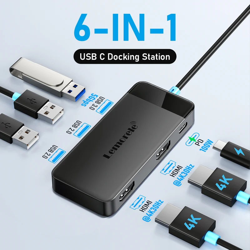 Lemorele TC122 USB-C 6-in-1 Docking Station with Dual HDMI & 100W PD