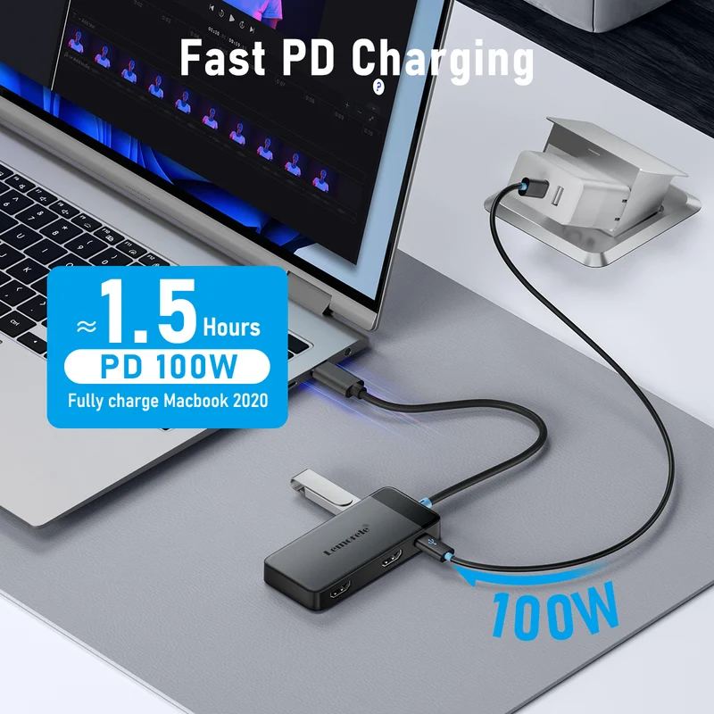 Lemorele TC122 USB-C 6-in-1 Docking Station with Dual HDMI & 100W PD