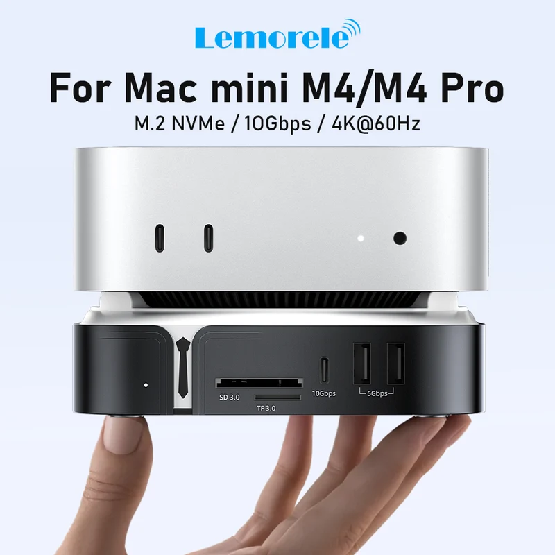 Lemorele TC800 9-in-1 Mac mini M4 docking station features an M.2 NVMe SSD slot, supports triple-screen 4K 60Hz display, and is compatible with Mac mini M4/M4 Pro.
