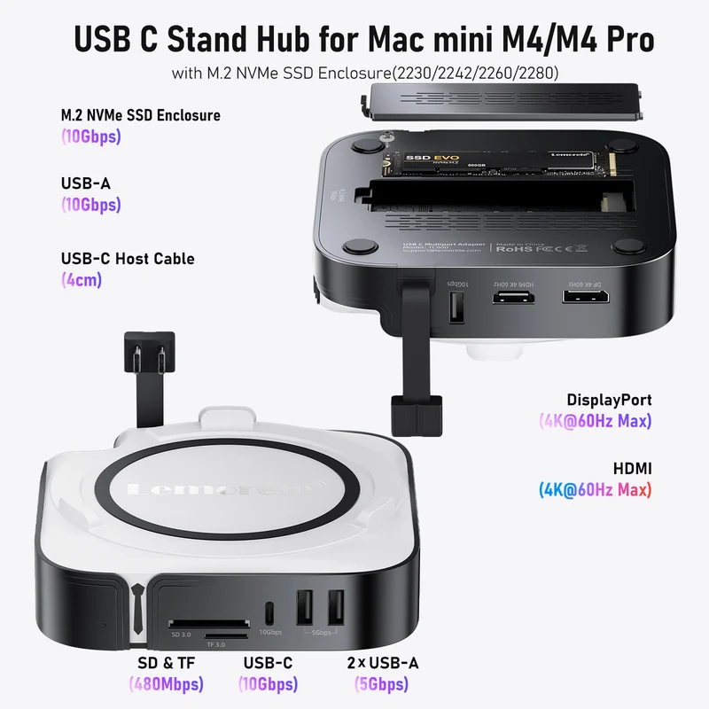 Lemorele TC800 9-in-1 Mac mini M4 docking station features an M.2 NVMe SSD slot, supports triple-screen 4K 60Hz display, and is compatible with Mac mini M4/M4 Pro.