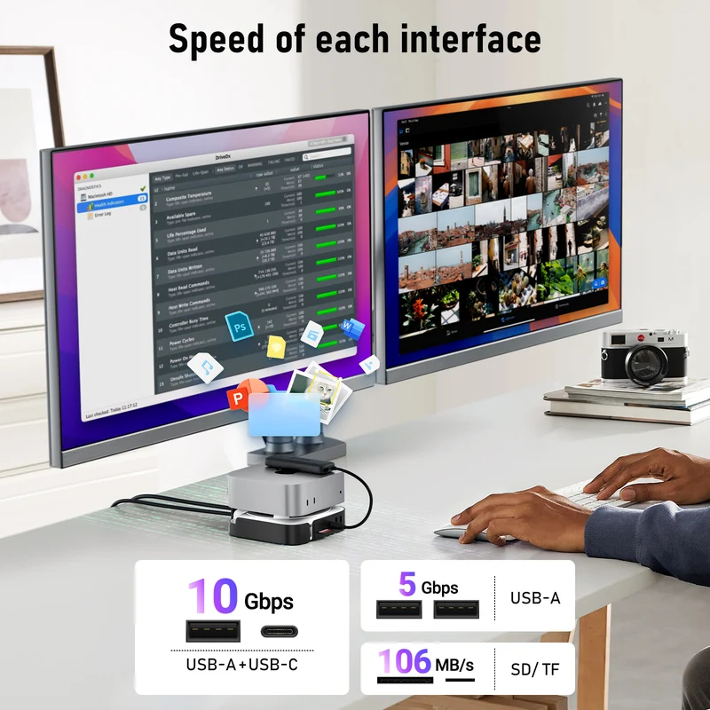 Lemorele TC800 9-in-1 Mac mini M4 docking station features an M.2 NVMe SSD slot, supports triple-screen 4K 60Hz display, and is compatible with Mac mini M4/M4 Pro.