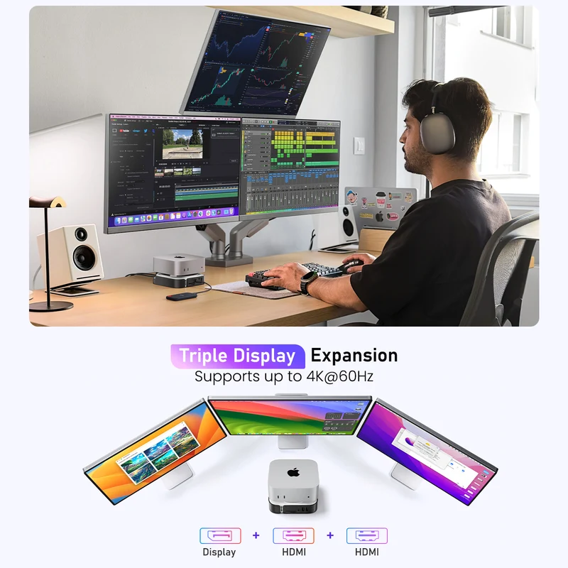 Lemorele TC800 9-in-1 Mac mini M4 docking station features an M.2 NVMe SSD slot, supports triple-screen 4K 60Hz display, and is compatible with Mac mini M4/M4 Pro.