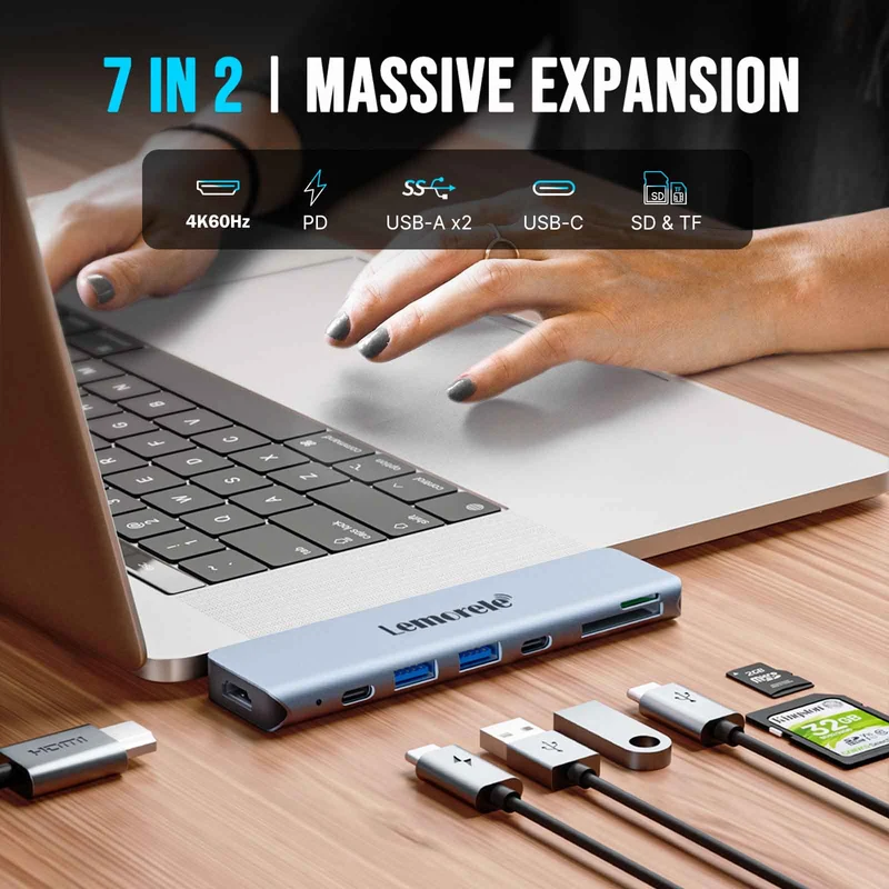 Lemorele TC14L USB-C 7-in-2 Hub – 4K HDMI, PD Charging, Multi-Device Connectivity