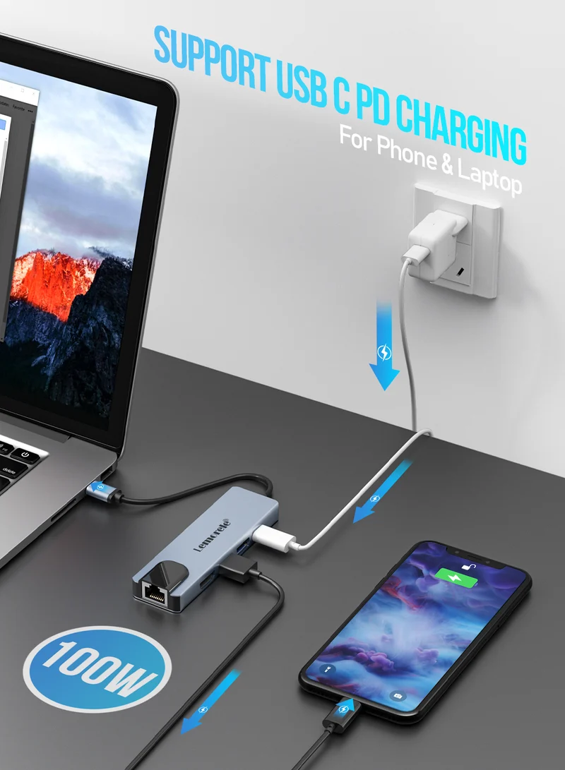 Lemorele TC15L 5-in-1 Type-C Docking Station | 4K HDMI, PD Charging, USB Ports