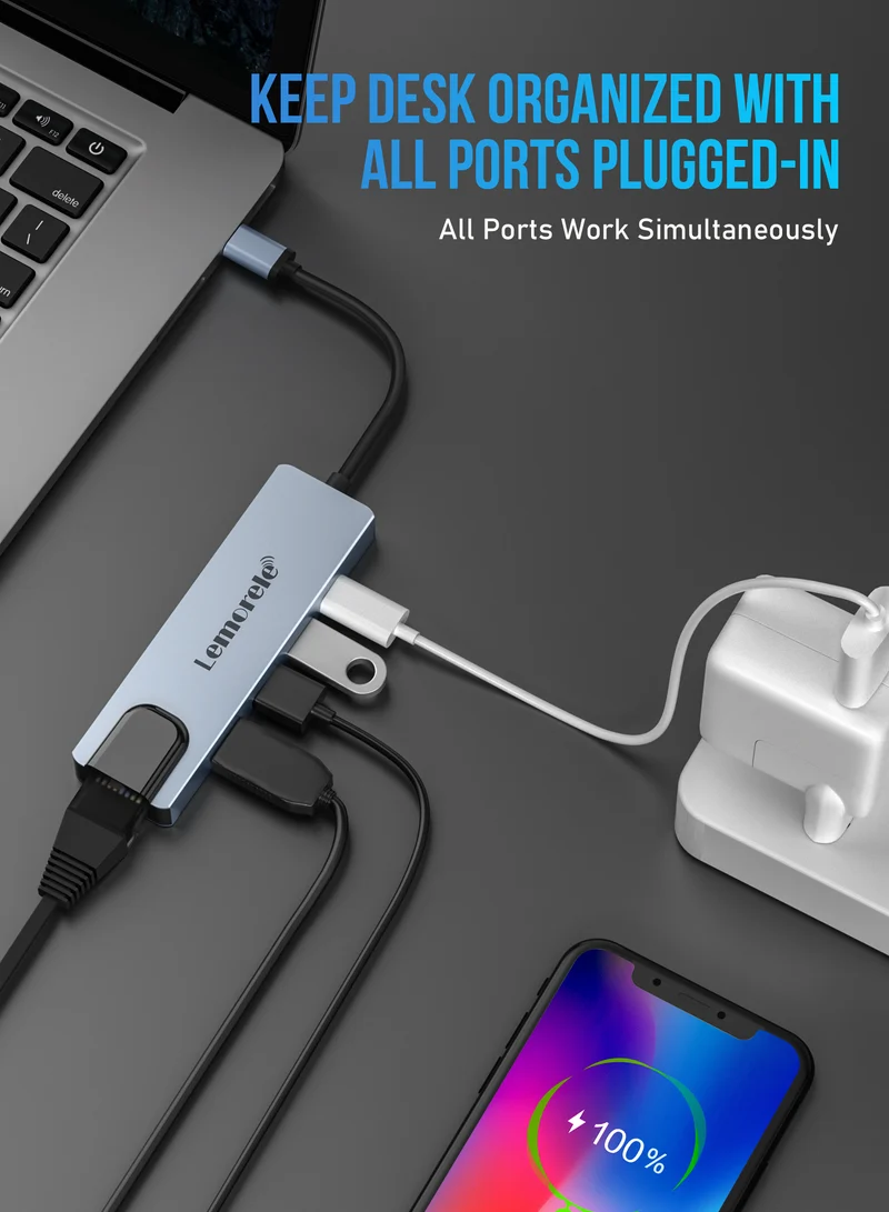 Lemorele TC15L 5-in-1 Type-C Docking Station | 4K HDMI, PD Charging, USB Ports