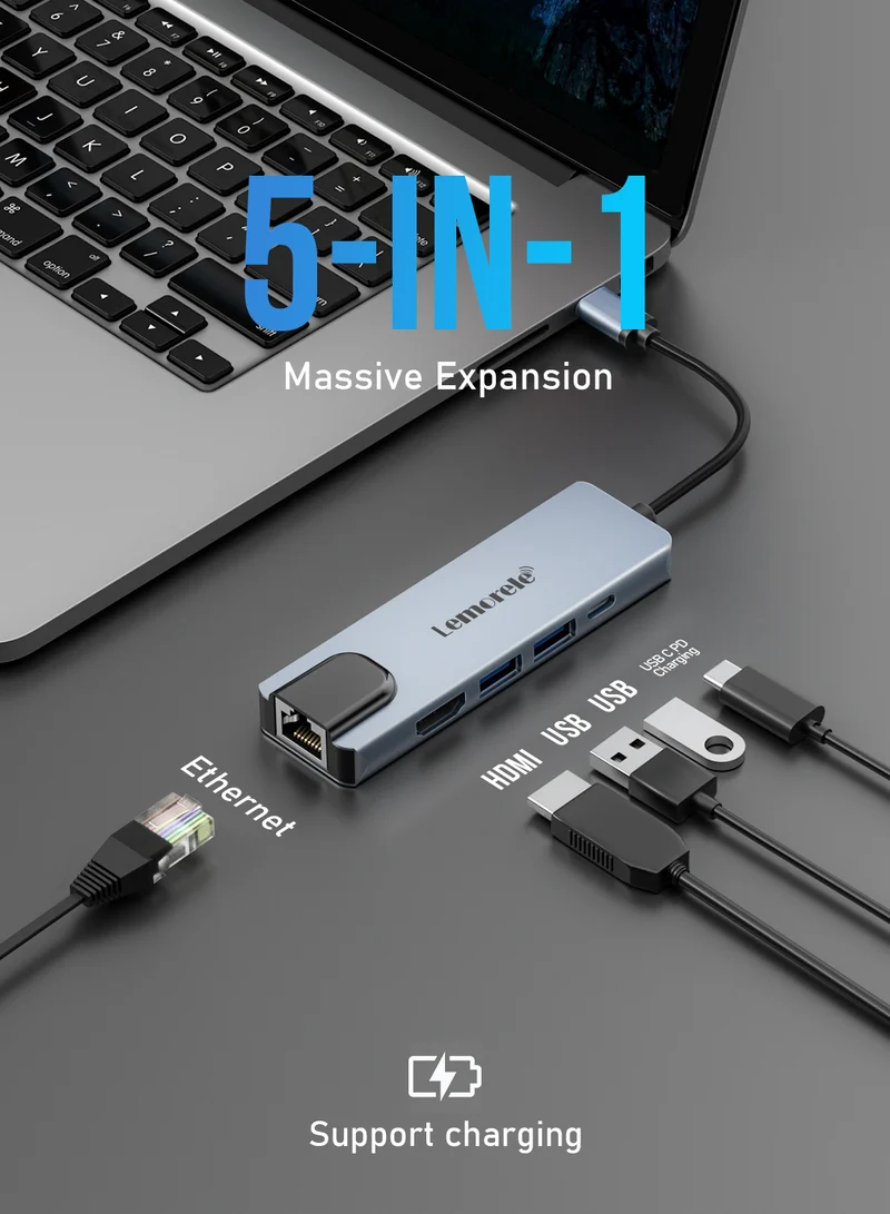 Lemorele TC15L 5-in-1 Type-C Docking Station | 4K HDMI, PD Charging, USB Ports
