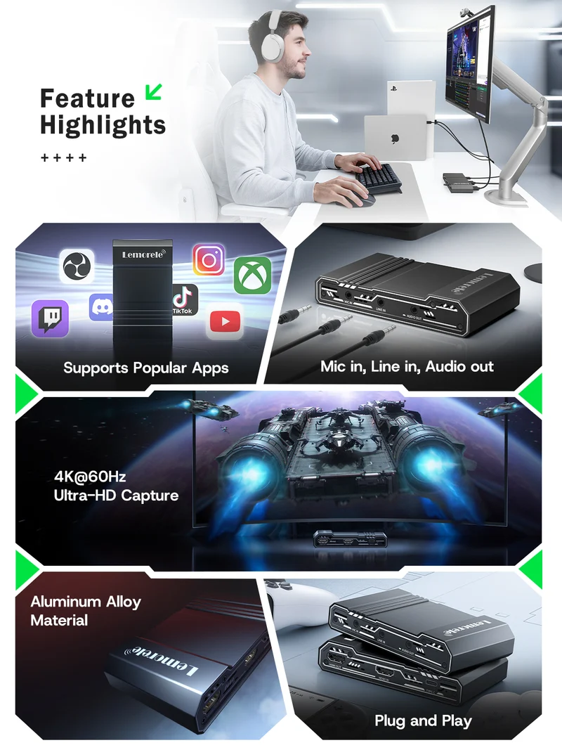 Lemorele AC09 HDMI to USB Capture Card for OBS Streaming & Recording
