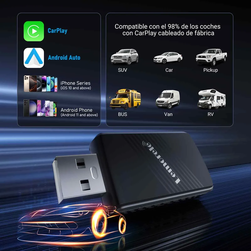 Lemorele P90 Wireless CarPlay USB-A Universal Adapter with Type-C Adapter