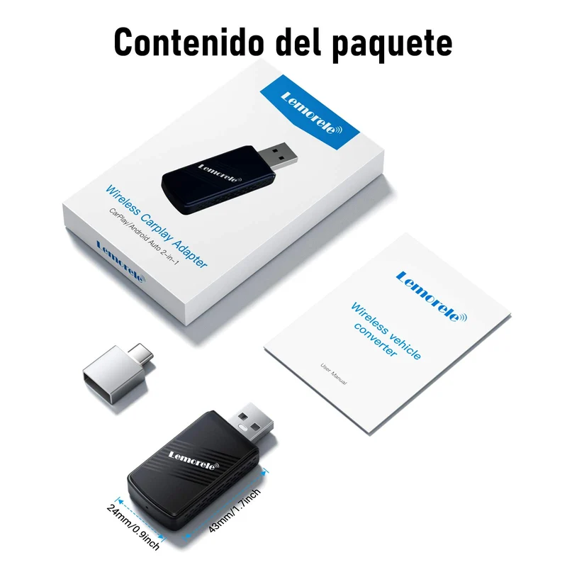 Lemorele P90 Wireless CarPlay USB-A Universal Adapter with Type-C Adapter
