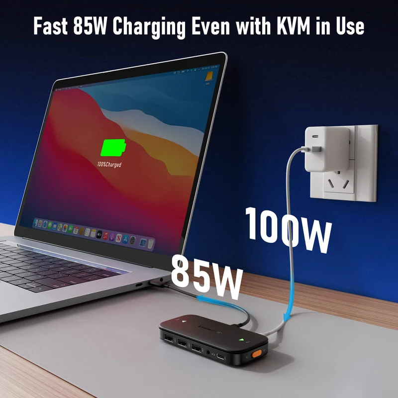 Lemorele H200 USB-C KVM Switch – 4K UHD, One-Click Switching, Multi-Device Docking, 100W PD Charging