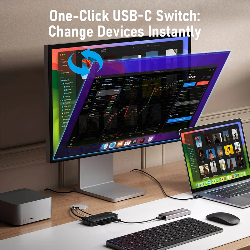 Lemorele H200 USB-C KVM Switch – 4K UHD, One-Click Switching, Multi-Device Docking, 100W PD Charging