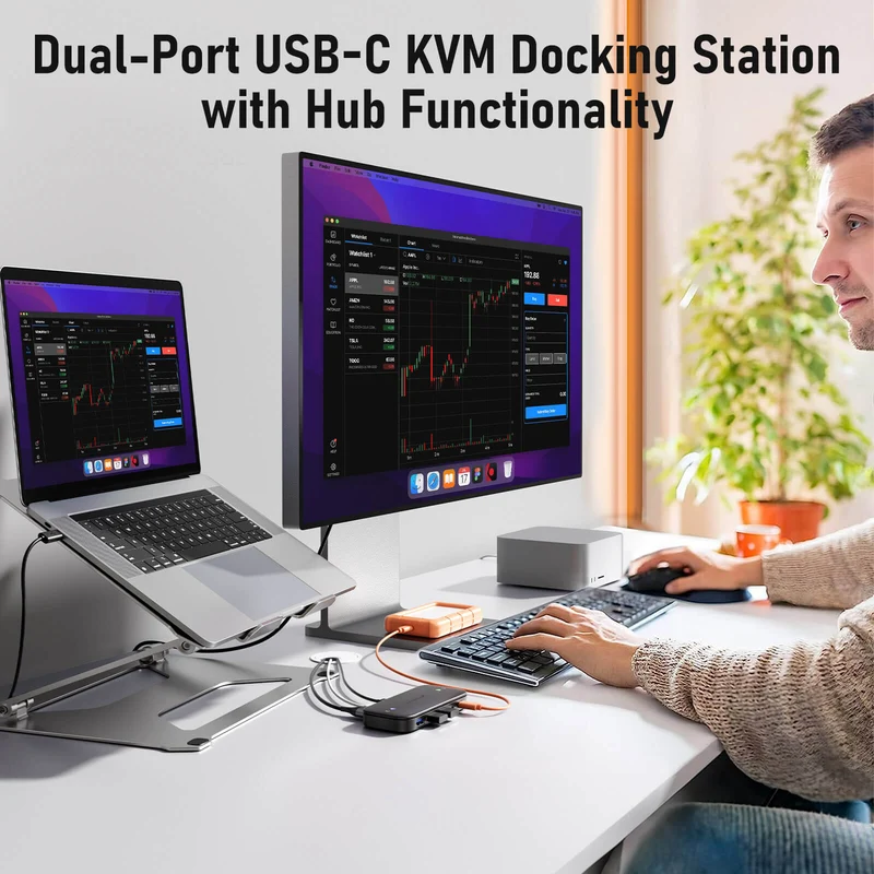 Lemorele H200 USB-C KVM Switch – 4K UHD, One-Click Switching, Multi-Device Docking, 100W PD Charging