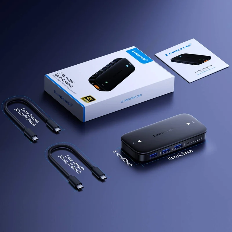 Lemorele H200 USB-C KVM Switch – 4K UHD, One-Click Switching, Multi-Device Docking, 100W PD Charging