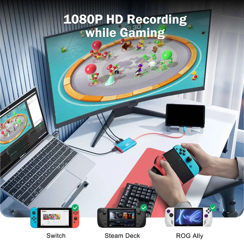 Lemorele AC08 1080P Video Capture Card & Multi-Functional Hub – 100W PD Charging, HDMI Output