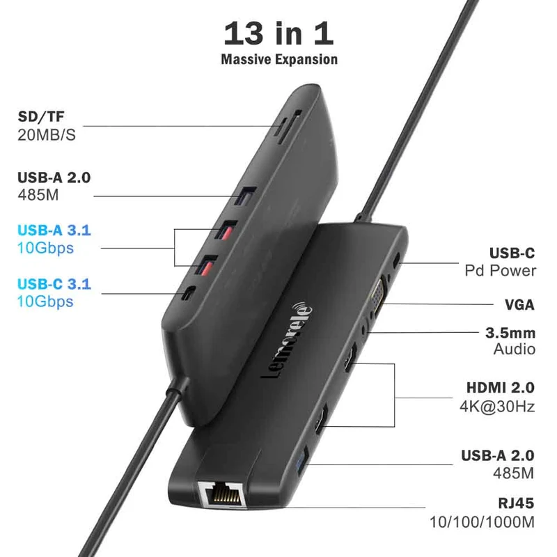 Lemorele TC96 13-in-1 USB-C Hub for Triple Display & Fast Charging