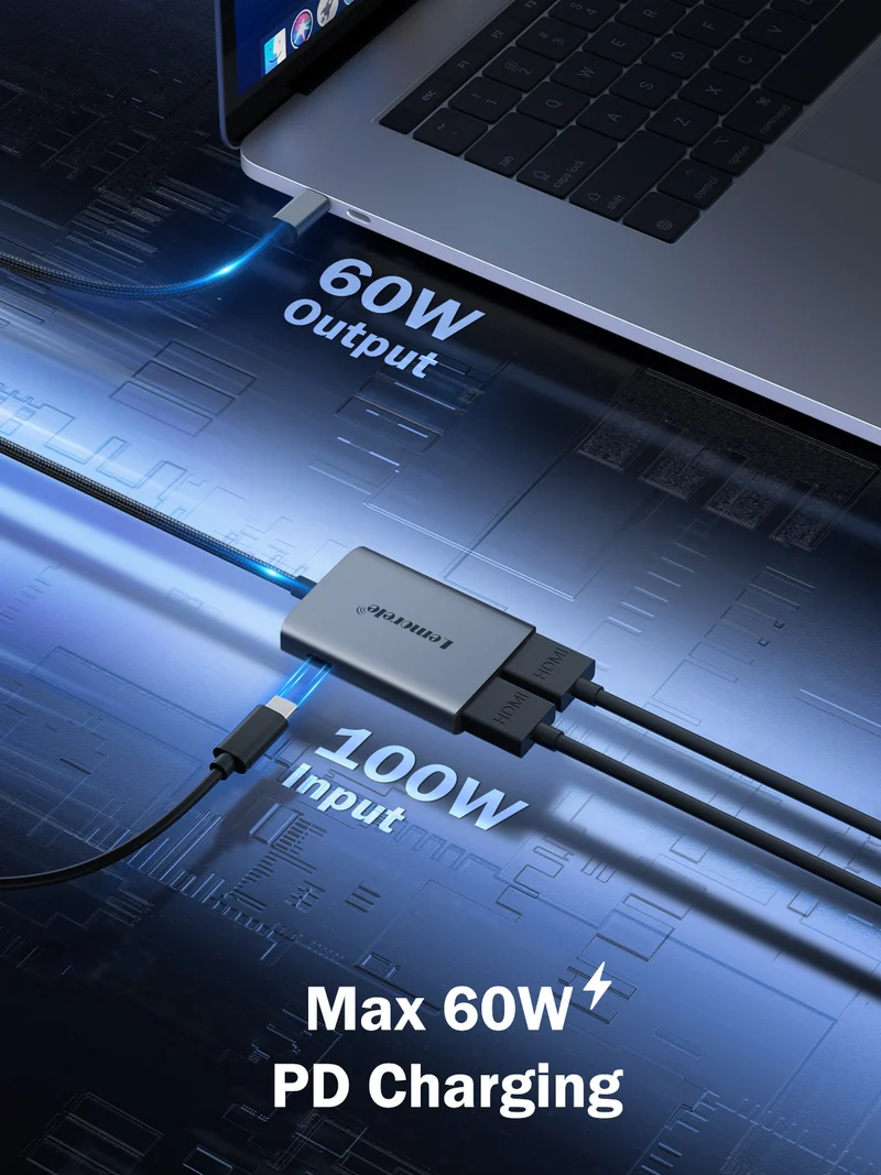 Lemorele HD30 Dual HDMI Adapter with 4K30Hz + 1080P60Hz and 60W PD Charging