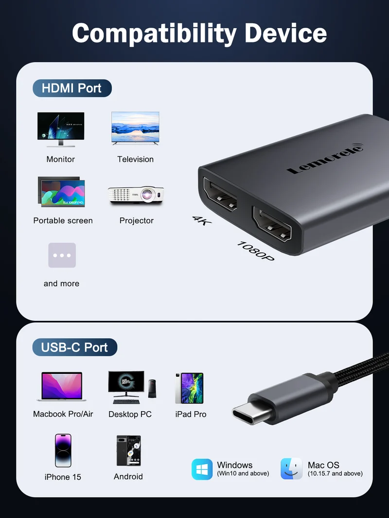 Lemorele HD30 Dual HDMI Adapter with 4K30Hz + 1080P60Hz and 60W PD Charging