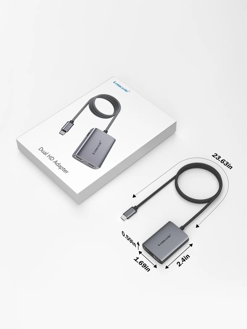 Lemorele HD30 Dual HDMI Adapter with 4K30Hz + 1080P60Hz and 60W PD Charging