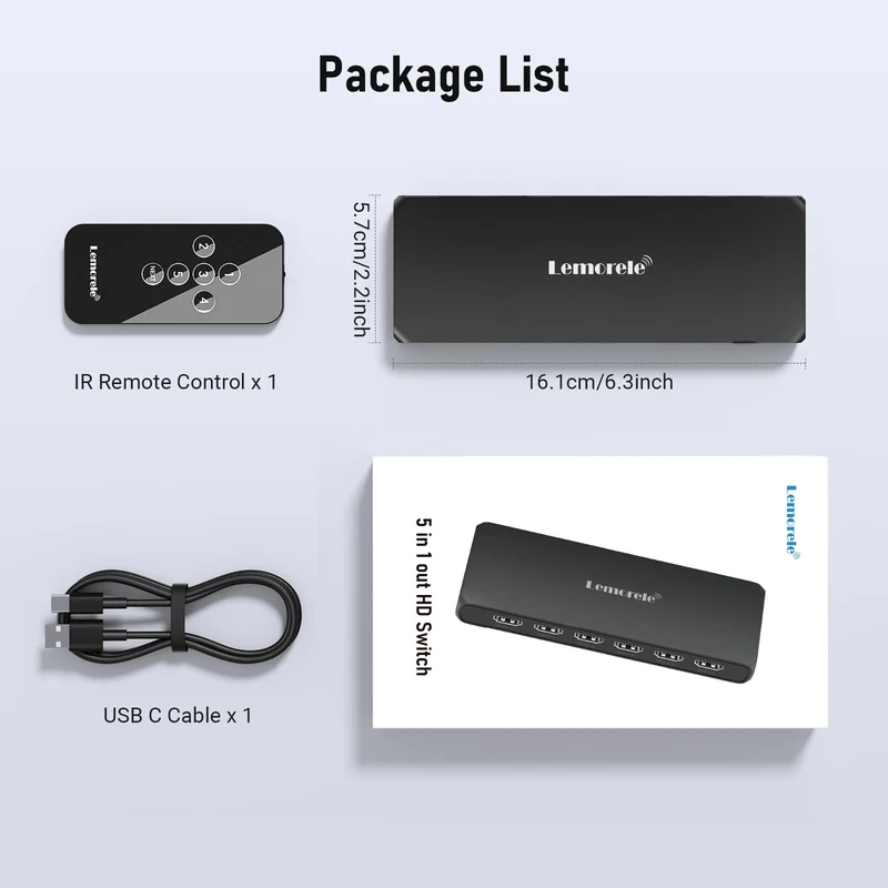 Lemorele G96 5-in-1 HDMI Switch with Remote Control, 4K30Hz Output