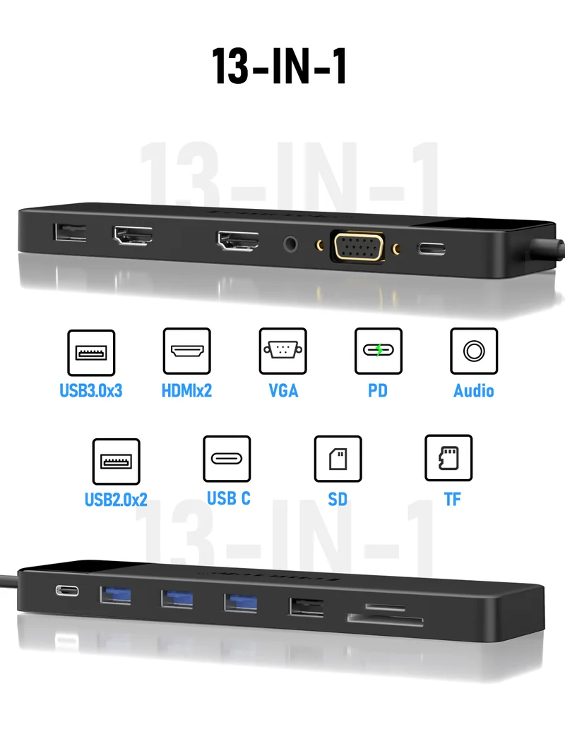 Lemorele TC200 13-in-1 USB-C Hub with Dual HDMI, VGA & PD 100W