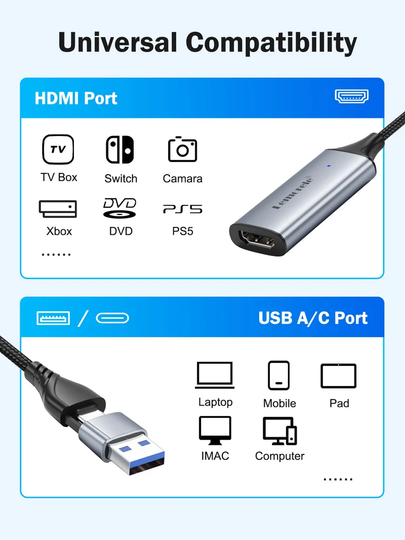 Lemorele AC05 1080P60 Video Capture Card | Dual USB & Type-C Output