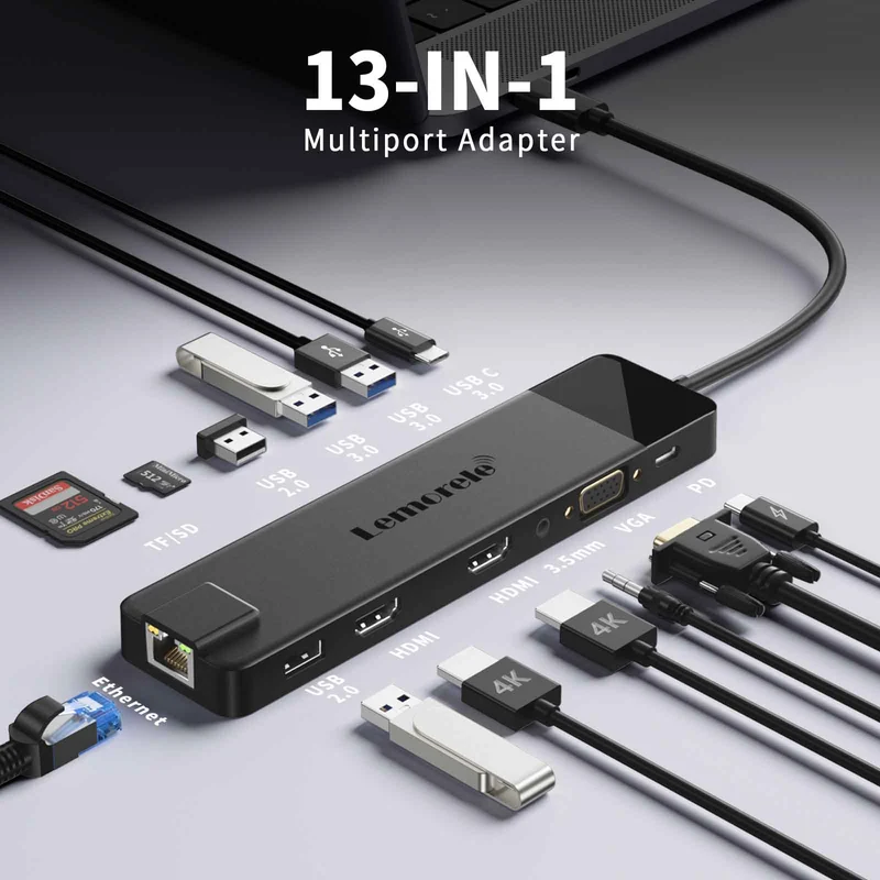 Lemorele TC100 | 13-in-1 USB-C Dock for MacBook with Dual 4K HDMI