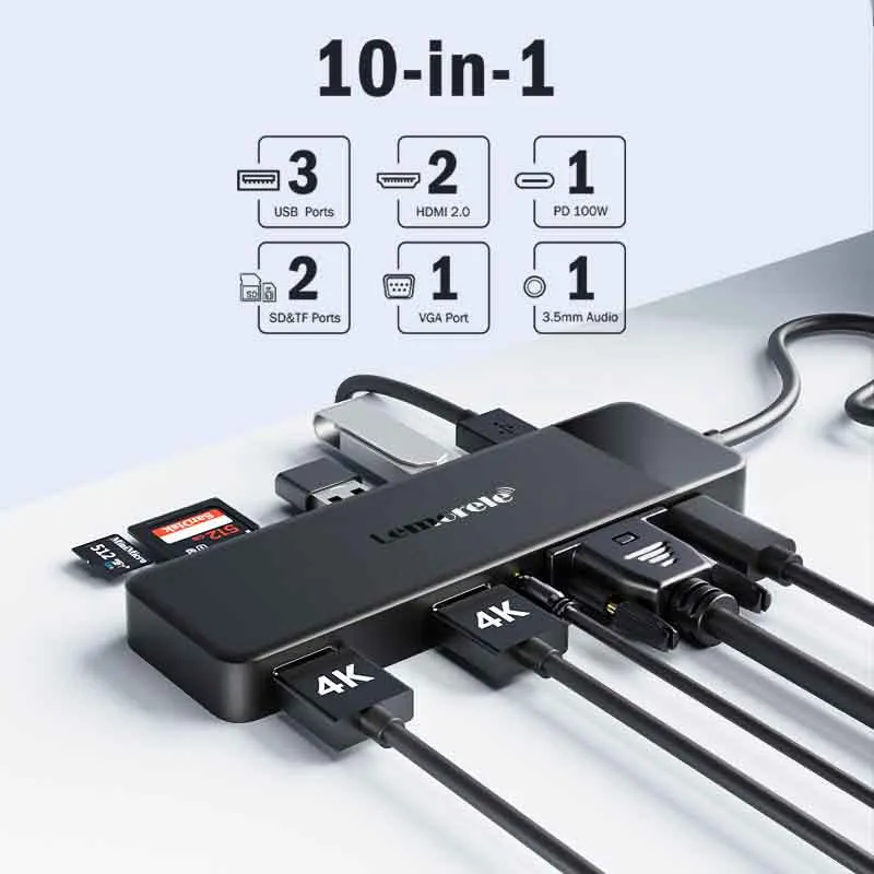 Lemorele TC94L USB-C Docking Station with Dual 4K HDMI & VGA Output