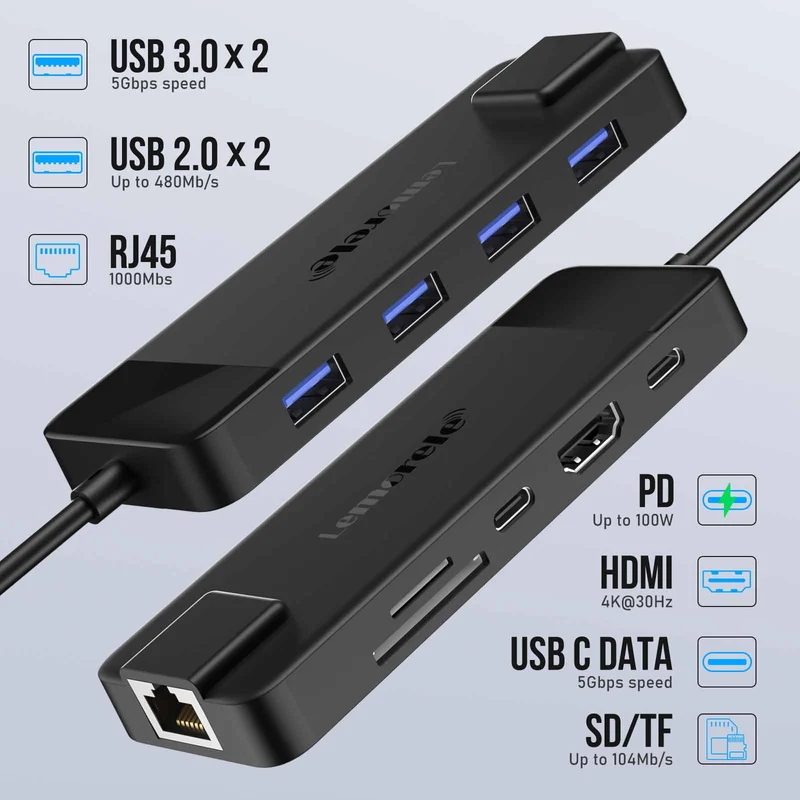 Lemorele TC93 USB-C Hub 10-in-1 with 4K HDMI, 100W PD, and Gigabit LAN