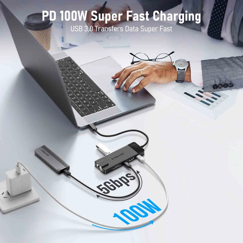 Lemorele TC93 USB-C Hub 10-in-1 with 4K HDMI, 100W PD, and Gigabit LAN
