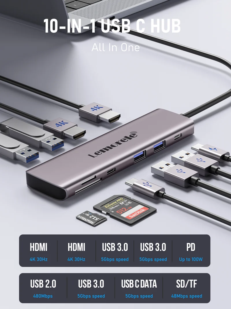 Lemorele TC91 Dual HDMI USB-C Hub | 10-in-1 Dock with 100W Power Delivery
