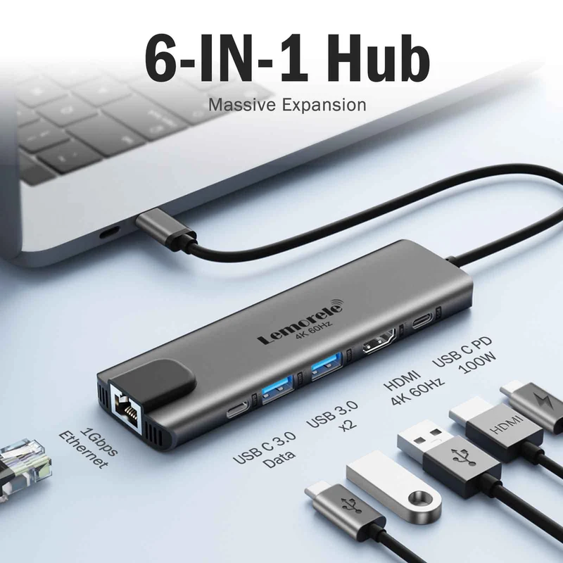 Lemorele TC44L USB-C 6-in-1 Hub with 4K HDMI & Gigabit LAN